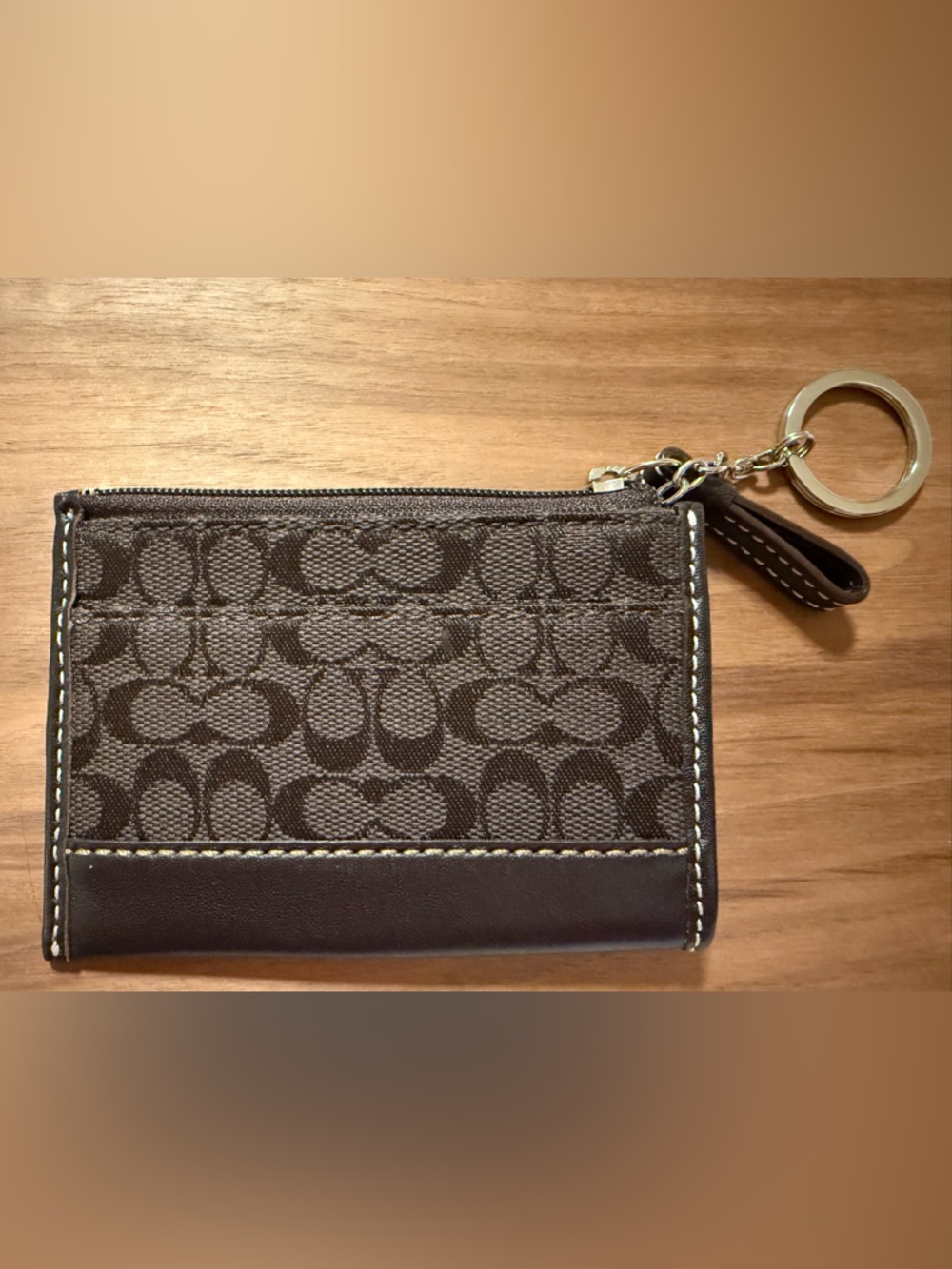 Coach Brown Signature Monogram Card Sleeve with Leather Trim